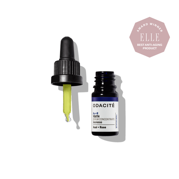 Odacite Ac+R Serum Concentrate with dropper and an ELLE Best Anti-Aging Product award badge at the top right.