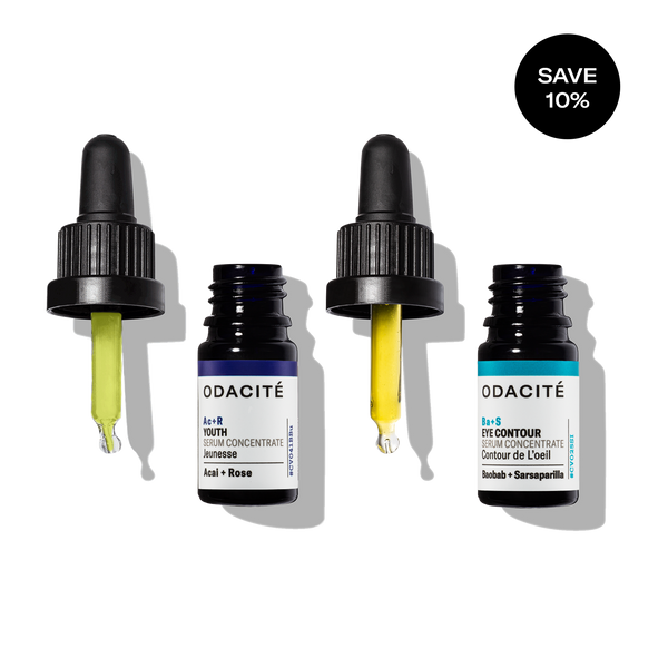 Odacite Ageless Skin + Eye Contour Duo with green and yellow bottles, Save 10% label in the corner.