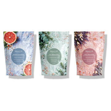 Odacite Relax & Recenter Bath Set: three Ayurvedic soak pouches (Mood Cleansing grapefruit, Zen Awakening herbs, and Soul Soothing).
