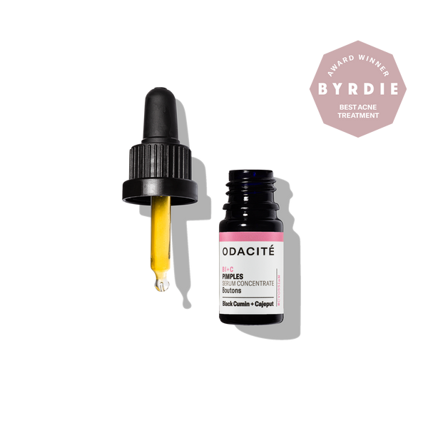Odacite Bl+C Pimples Serum Concentrate with dropper and “BYRDIE Best Acne Treatment” badge beside the bottle.