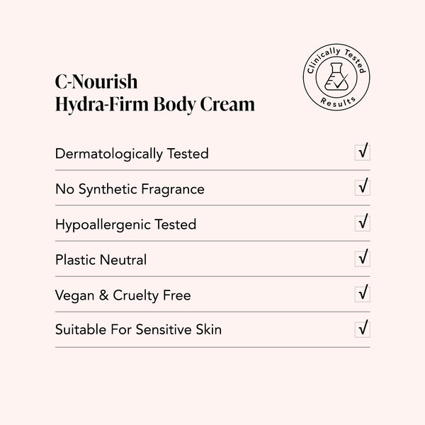 Odacité C-Nourish Hydra-Firm Body Cream with Vitamin C, E & Kakadu Plum in a white tube labeled vegan and hypoallergenic.
