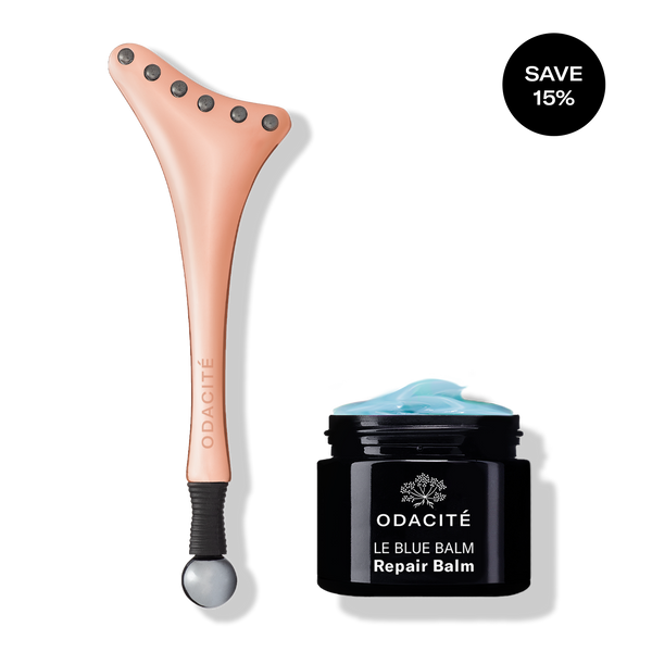 Odacité CALM & COOL CRYOTHERAPY DUO with face tool and blue balm; “Save 15%” text bubble shown.