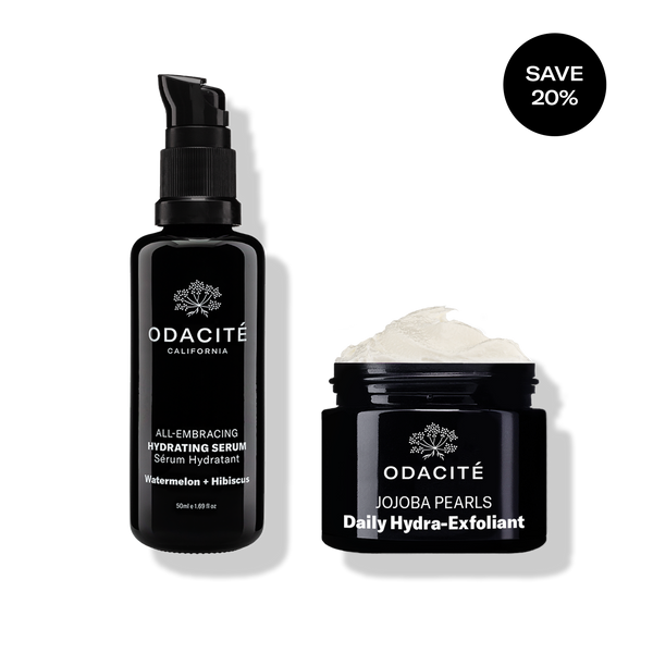 Odacité Hydra-Foliate • Cashmere Skin Duo with black bottles and black circle, text reads 'glowing skin, save 20%'.