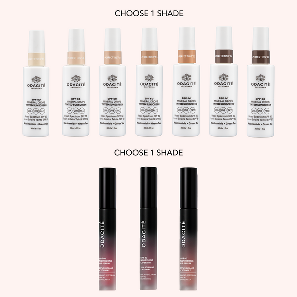 Eight Odacité Glow More + Age Less Duo bottles and four assorted lip glosses arranged on a light background.