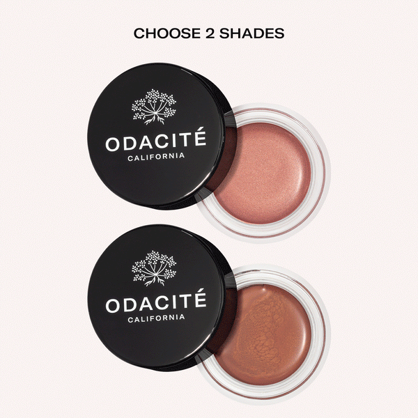 Two open jars of Odacité SPF 50 Color Balm Duo in two shades, with "CHOOSE 2 SHADES" text above.