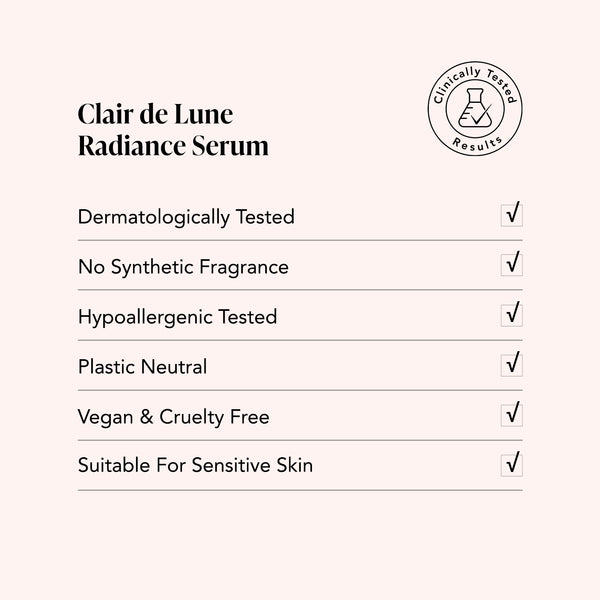 Odacite Clair de Lune Radiance Serum bottle with label; vegan, cruelty-free, contains vitamins A, C, and E.