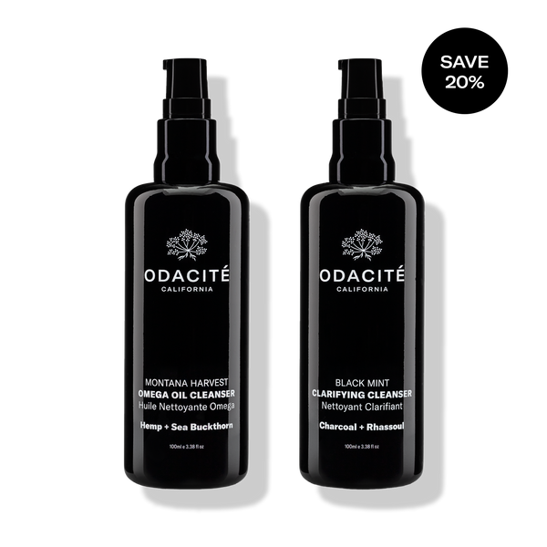Odacité Double Cleansing Set with Omega Oil Cleanser and Clarifying Cleanser shown in bottles, 20% off text displayed.