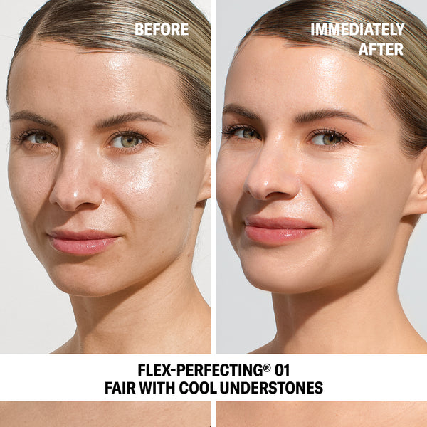 model demonstrating before and after of shade 01 spf