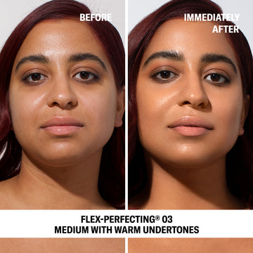 Side-by-side of woman before and after Odacité Sun Damage Defense Duo SPF 50 + Vitamin C; skin looks clearer and smoother.