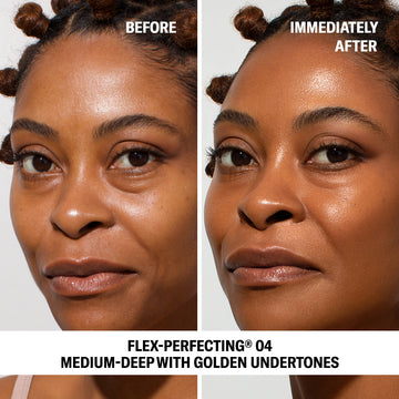 Woman shown before and after using Odacité Sun Damage Defense Duo SPF 50 + Vitamin C, with more even, radiant skin in the after image.