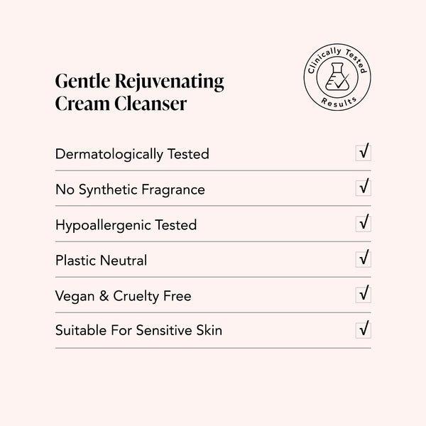 Odacite’s Gentle Rejuvenating Cream Cleanser with Aloe Vera and Coco Glucoside in a white tube, labeled vegan and fragrance-free.