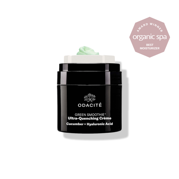 Black jar labeled Odacité Green Smoothie Cucumber + Hyaluronic Acid Ultra-Quenching Crème, a lightweight face moisturizer.