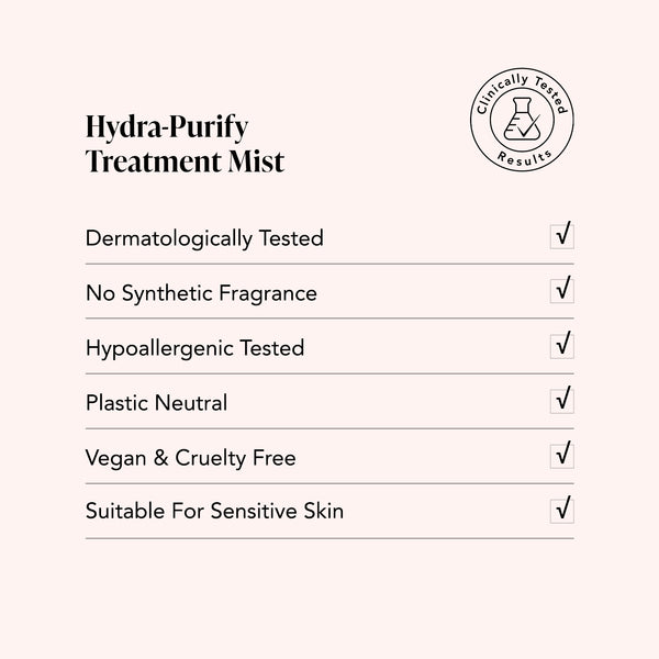 Odacite Hydra-Purify Mint + Green Tea Mist in a clear spray bottle; vegan, hypoallergenic, and fragrance-free.