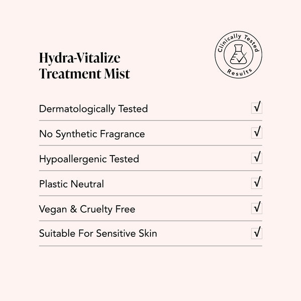 Odacite Hydra-Vitalize Rose + Neroli Treatment Mist chart showing 6 features, including vegan and suitable for sensitive skin.