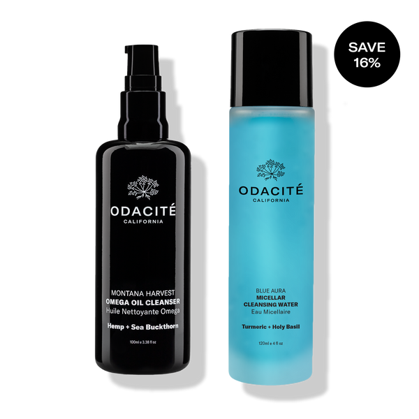 Odacité Mature Skin Double Cleansing Set: Omega Oil Cleanser in black bottle and Cleansing Water in blue bottle. Save 16%.