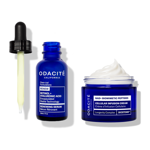 Odacité Cellular Renewal Duo: a blue glass retinol serum bottle with a dropper and a blue jar containing a dollop of white cream.