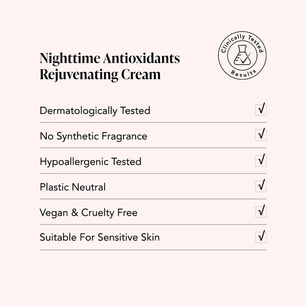 Odacite Night Time Antioxidants Cream chart showing anti-aging, vegan, hypoallergenic, fragrance-free, for sensitive skin.