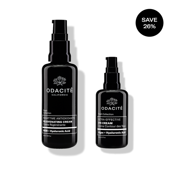 Two black Odacité Overnight Renewal Set bottles on a white background with a black circle stating "Save 26%".