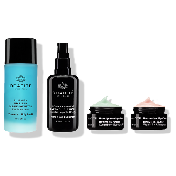 Odacité Day & Night Fundamentals set with blue micellar water, black cleanser spray, and two creams in travel-size bottles.