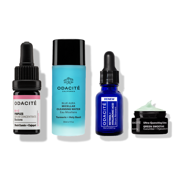 Odacité Blemish Control System with serum, micellar water, blue salicylic serum, and green cream in distinct containers.