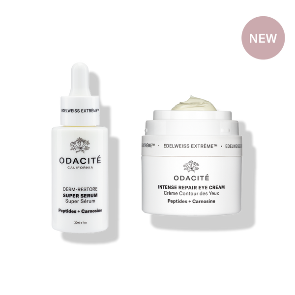 Odacité Edelweiss Extrême® Repair + Restore Set with peptides, carnosine, and edelweiss in labeled white packaging.