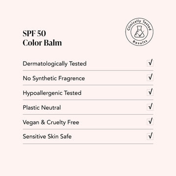 SPF 50 Color Balm label with certification icons on a white background