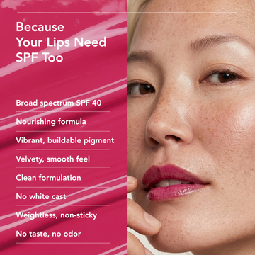 Woman applying Odacité SPF 40 Nourishing Lip Serum with squalane; product benefits displayed on red background.