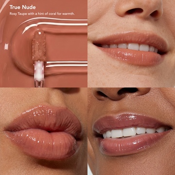 Odacité SPF 40 Nourishing Lip Serum Trio: one gloss bottle and close-ups of glossy nude lips in three different shades.