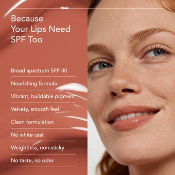 Woman with shiny lips next to Odacité SPF 40 Nourishing Lip Serum benefits list on a terracotta background.