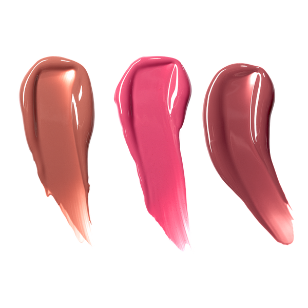 Odacité’s SPF 40 Nourishing Lip Serum Trio with nude, pink, and mauve lip serums in tube packaging.