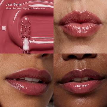 SPF 40 Nourishing Lip Serum by Odacité; applicator and lips wearing cool, muted berry Jazz Berry shade, close-up views.