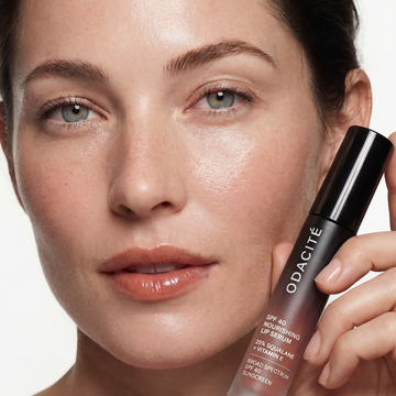 Woman with clear skin holds Odacité SPF 40 Nourishing Lip Serum tube near her face, showing a natural makeup look.