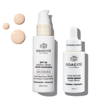 Odacité Sun Defense Performance Duo SPF 50 and Super Serum with visible swatches showing texture and packaging.