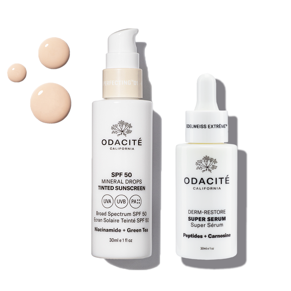 Odacité Sun Defense Performance Duo SPF 50 and Super Serum with visible swatches showing texture and packaging.