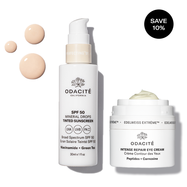 Odacité Anti Aging Eye & Sun Defense Duo: SPF 50 tinted mineral drops and eye cream shown with swatches on a light background.