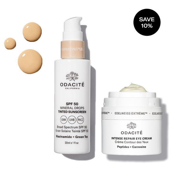 Odacité Anti Aging Eye & Sun Defense Duo with tan swatches and a Save 10% sticker on a light background.