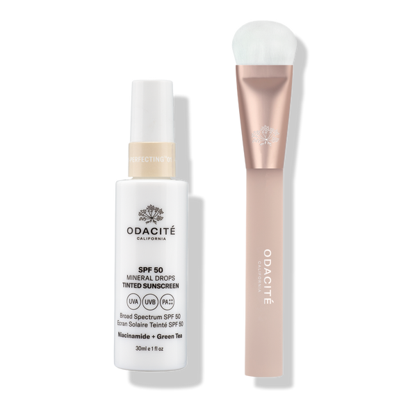 Odacité SPF Tinted Mineral Drops and Brush Duo shown against a white background, featuring dropper bottle and applicator brush.