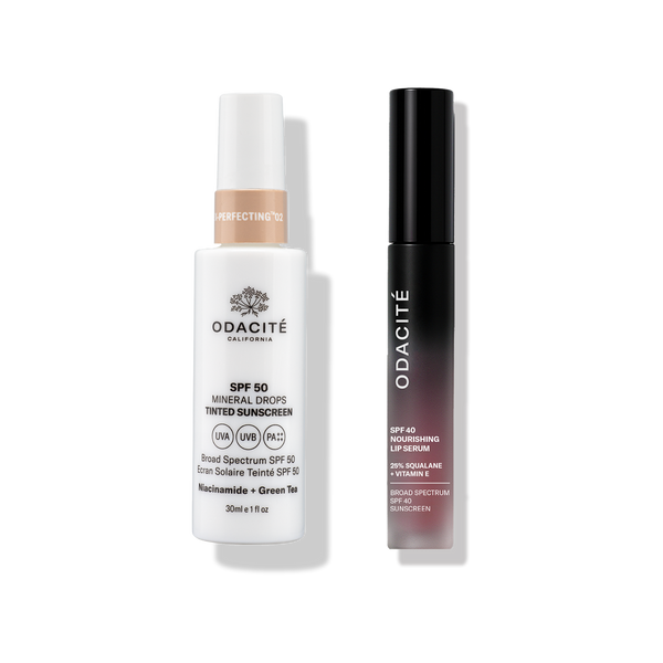 Odacité Glow More + Age Less Duo with SPF 50 Tinted Sunscreen tube and SPF 40 Nourishing Lip Serum in clear lip balm packaging.