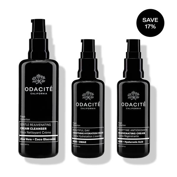 Odacite Sensitive Skin Routine Set with three black bottles; text notes 17% savings. For sensitive skin.
