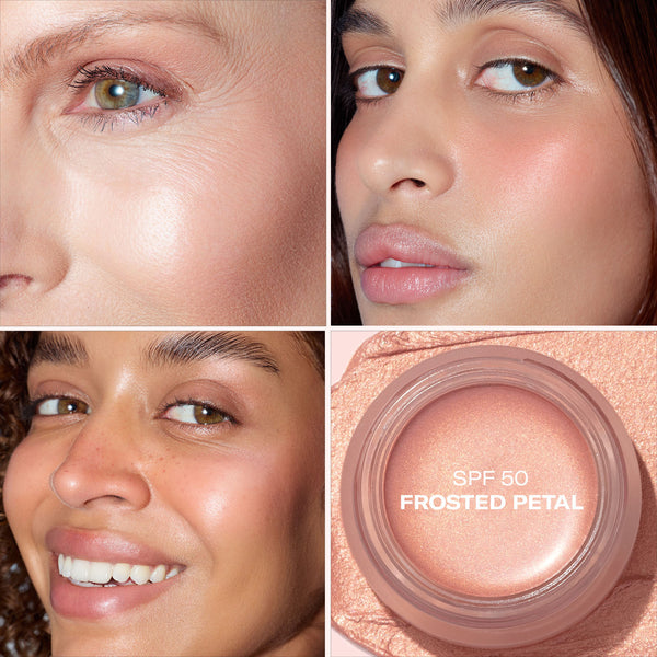 Three women with radiant skin and a jar of Odacité SPF 50 Color Balm in Frosted Petal shade shown in its packaging.