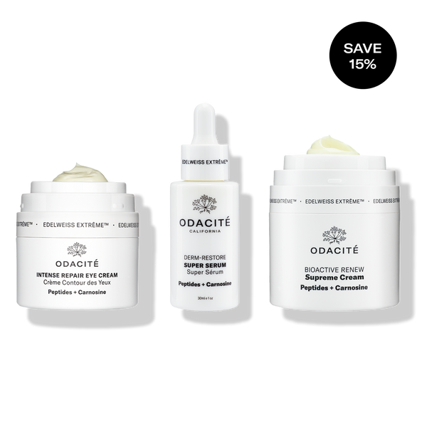 Odacité Edelweiss Extrême Skin Barrier Set with three skincare products and a 15% off label on the packaging.