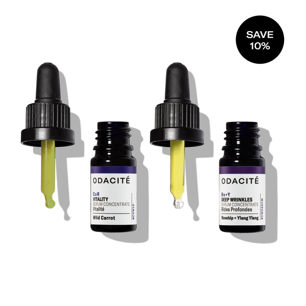 Odacite Smooth + Glow Mature Skin Duo, two skincare bottles labeled for vitality and deep wrinkles, with save 10% text.