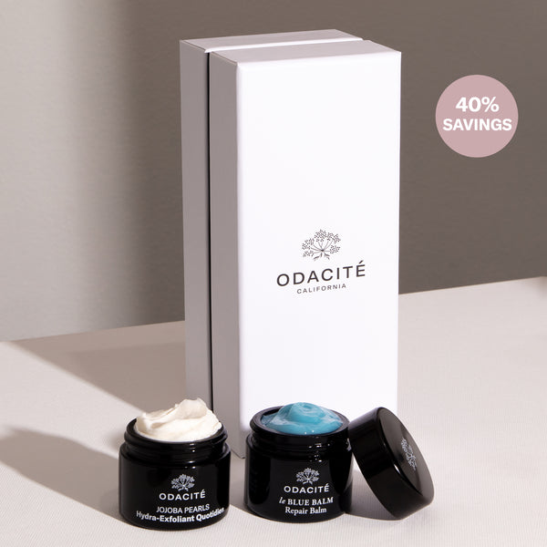 Odacité Smooth & Soothe Duo set with two skincare products, shown in pump bottles and tubes, labeled with product names.