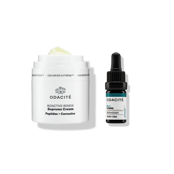 Odacité Structural Reset Duo: Supreme Cream in a white jar and Bu+L serum in a clear bottle for skin barrier care.