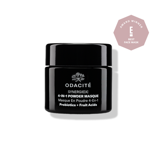 Black jar labeled Odacite Synergie[4] Probiotics + Fruit Acids 4-IN-1 Powder Masque with an award badge in the corner.