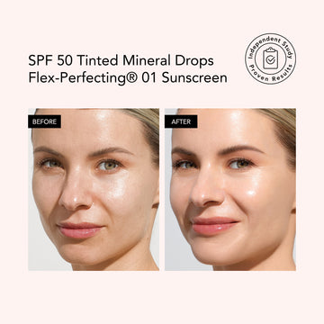 Before and after comparison of a woman's face with SPF 50 Tinted Mineral Drops Flex-Perfecting 01 Sunscreen.