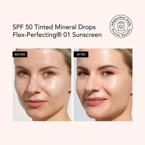 Before and after comparison of a woman's face with SPF 50 Tinted Mineral Drops Flex-Perfecting 01 Sunscreen.