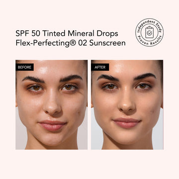 Before and after comparison of a woman's face with SPF 50 Tinted Mineral Drops Flex-Perfecting 02 Sunscreen.
