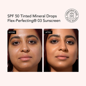 Before and after comparison of a woman's face with SPF 50 Tinted Mineral Drops Flex-Perfecting 03 Sunscreen.