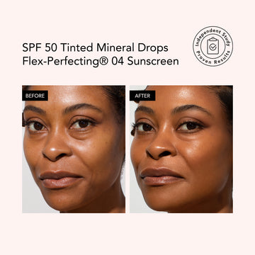 Before and after comparison of a woman's face with SPF 50 Tinted Mineral Drops Flex-Perfecting 04 Sunscreen.
